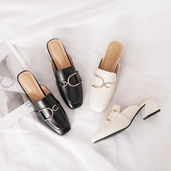 

slippers 2021 square toe mules women 5cm med heels metal decoration slip on shoes fashion slides size 34-40 sandalias mujer, Black
