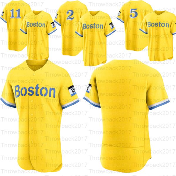 

2021 men's boston city connect gold jersey 11 rafael devers 5 enrique hernandez 2 xander bogaerts 3 jose peraza, Blue;black