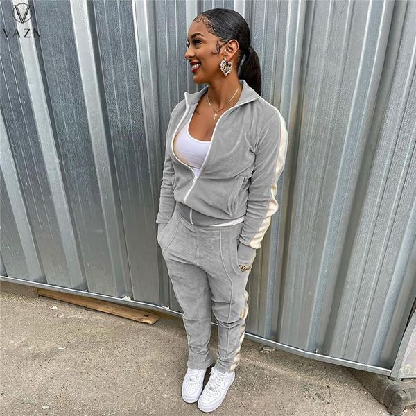 

women's two piece pants vazn 2021 fashion women street girl style long sleeve lapel elastic pure color set, White