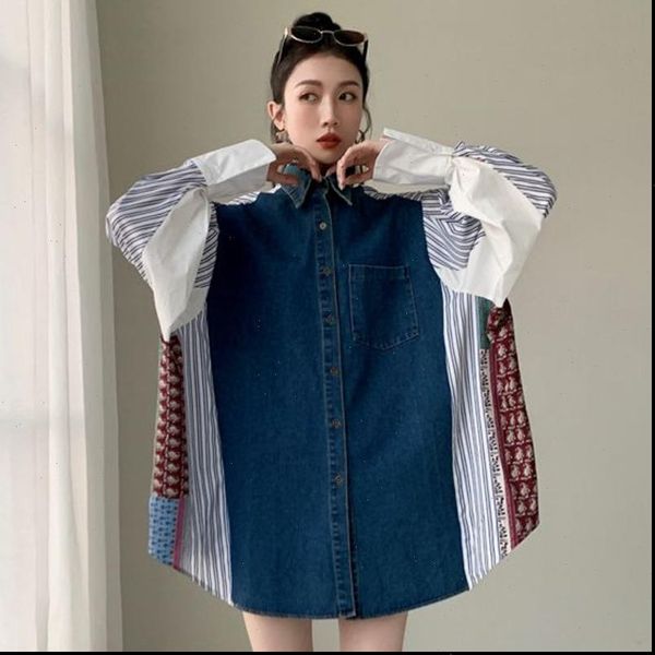 

[ewq] women dress spring female loose vintage turn down collar single breasted panelled print long sleeve straight shirt 8y047, Black;gray