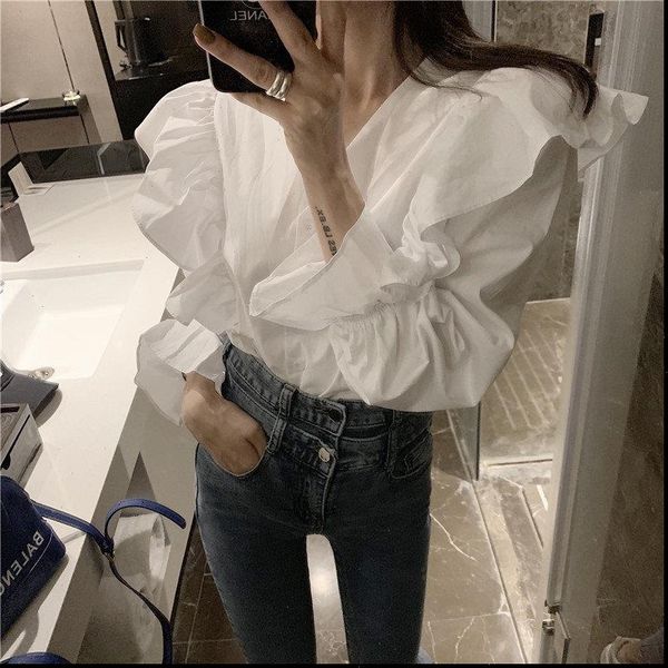 

women shirt solid streetwear vintage chic fashion full sleeves v neck high waist shirts all match brief blouses, White