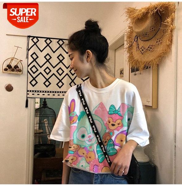 

mid-length bear short-sleeved printed t-shirt women's trendy lower body missing loose half-sleeved #bc08, White