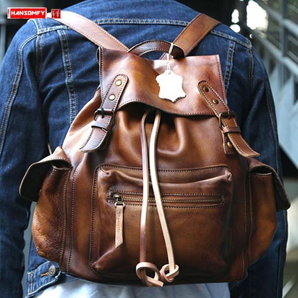 

backpack soft leather handmade men shoulder bag male travel retro genuine lapbackpacks first layer