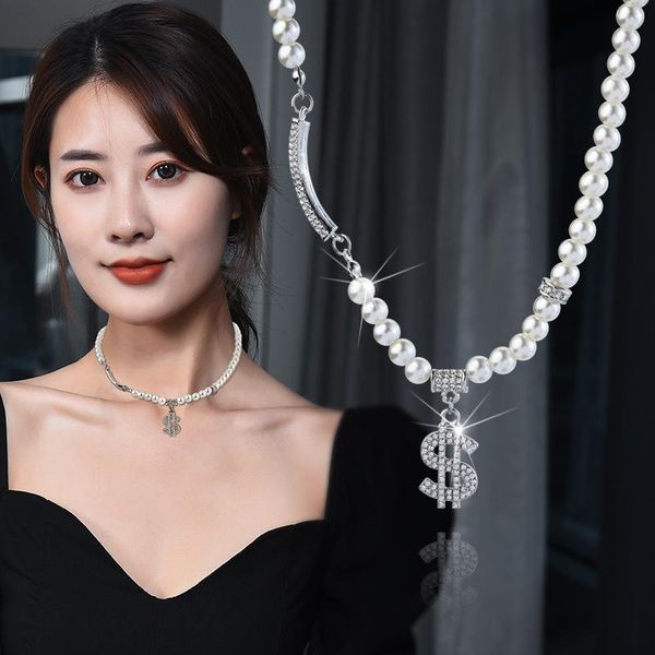 

pendant necklaces vintage baroque pearl choker metal dollars clavicle chain short necklace for women egirl goth punk jewelry, Silver
