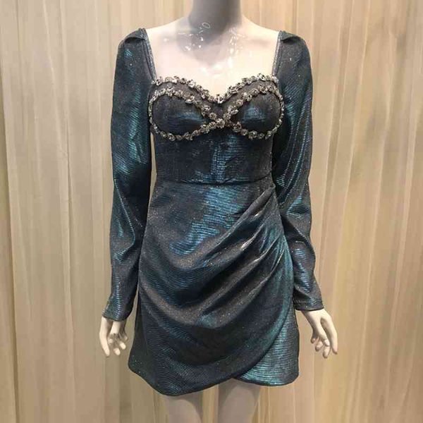 

casual dresses women diamonds formal square collar high waist shining ruched icma, Black;gray