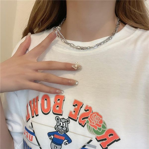 

pendant necklaces double layer short choker necklace for women rhinestone zircon chain collier femme hip hop punk simple jewelry, Silver