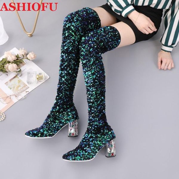 

boots ashiofu classic a817 style women's over knee shinny party block heels winter plus size fashion shoes, Black