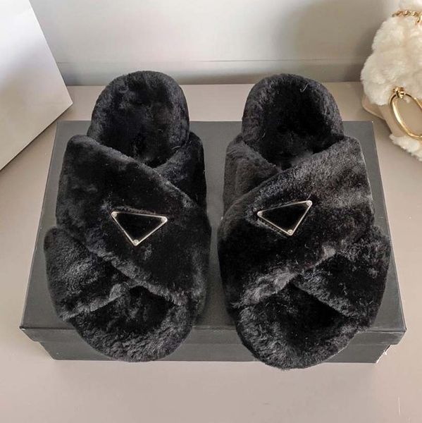 

2021 designer womens slippers ladies fashion wool slides winter fur fluffy furry warm letters sandals comfortable fuzzy girl flip flop slipp, Black