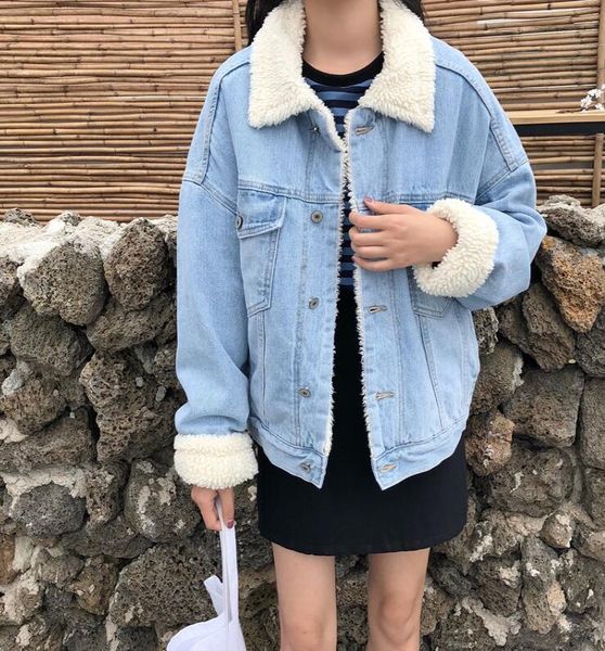 

women's jackets winter thick lamb fur lapel denim jacket, Black;brown