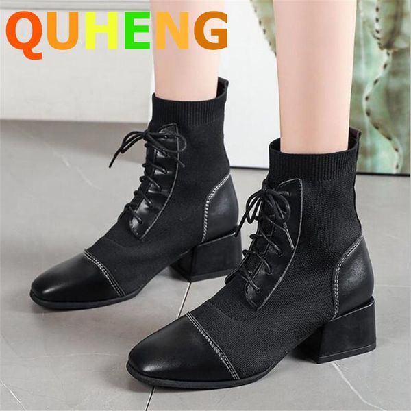 

boots women's mid-heel fashion lace-up square toe short 2021 autumn winter knitted elastic plus size 42, Black