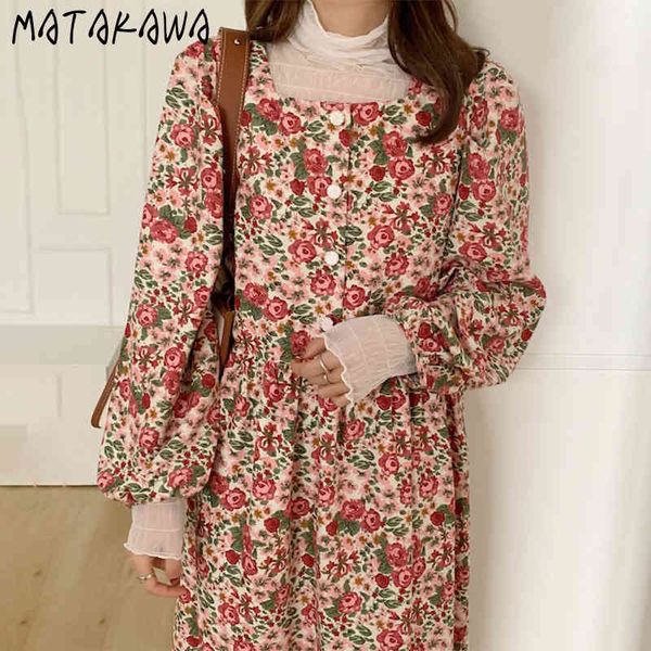 

matakawa korea flowers square collar vestido single breasted femme robe undefined retro loose puff sleeve dress for women 210513, Black;gray