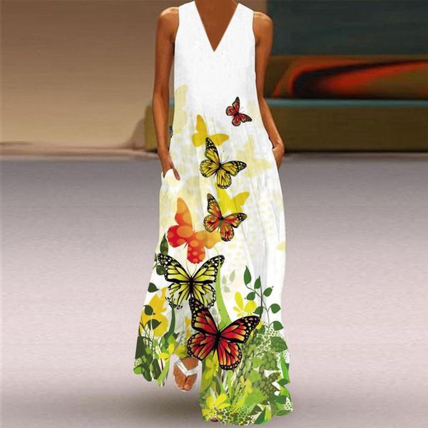 

casual dresses 40# bohemian butterfly printing dress woman v-neck pockets sleeveless high waist summer slender big swing 2021, Black;gray