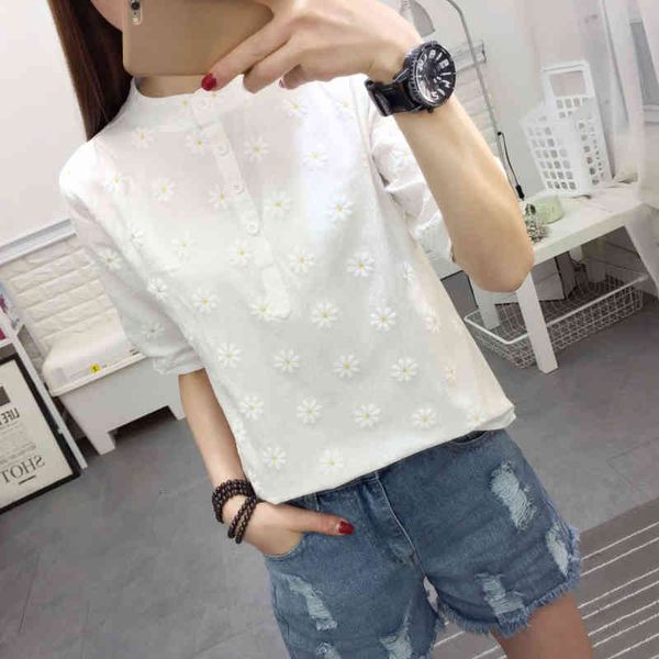 

women's blouses & shirts embroidery women spring summer style cotton and linecn lady casual stand collor short sleeve blusas df2985 2m, White
