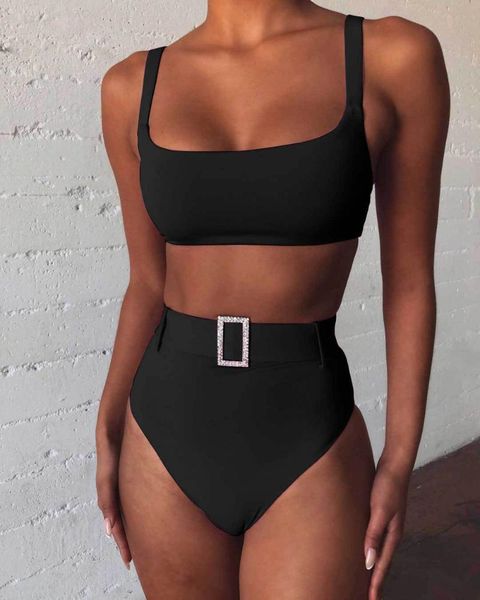 

women's swimwear imitation diamond belt padded high waist bikini female swimsuit women solid bather bathing suit swim lady, White;black