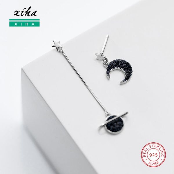 

stud crescent moon sphere asymmetrical earrings for women girls black crystal dangling long 925 sterling silver earring 2021, Golden;silver