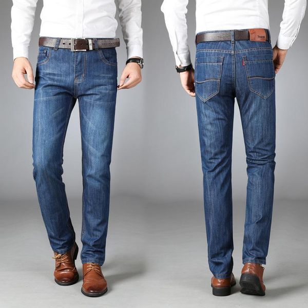 

men's jeans men straight leg casual loose pants slim mid-waist, Blue