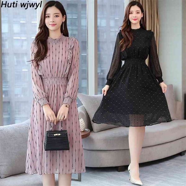 

vintage striped chiffon long sleeve midi dresses autumn winter plus size women bodycon dress elegant party femal vestidos 210528, Black;gray