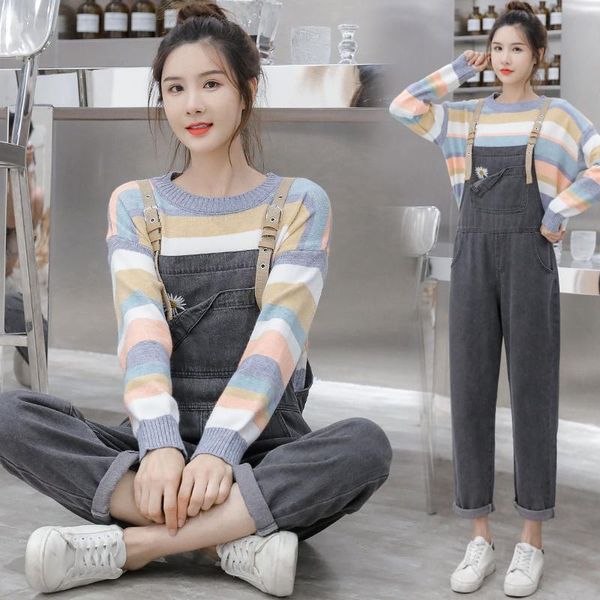 

676# 2021 spring denim maternity bib jeans loose straight jumpsuits clothes for pregnant women pregnancy overalls pants bottoms, White