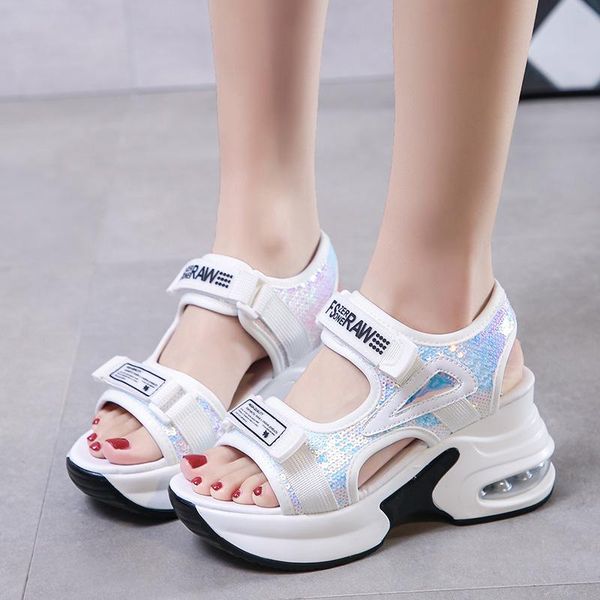 

sandals stretch fabric platform women bottom 2021 height increasing chunky super high heel students summer beach shoes, Black