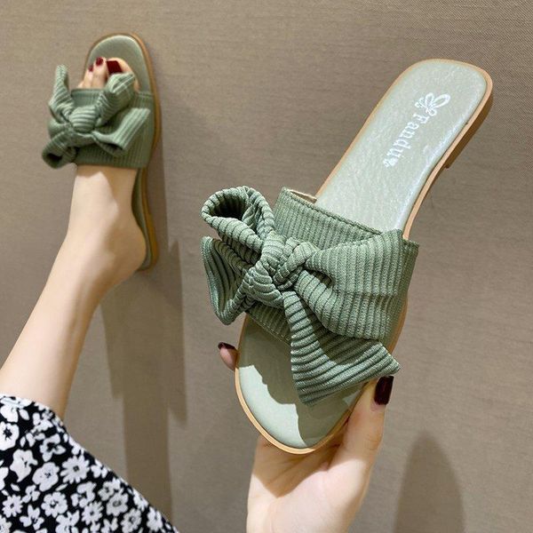 

slippers shoes woman 2021 casual pantofle butterfly-knot luxury flat summer pu fashion basic slides fabric, Black