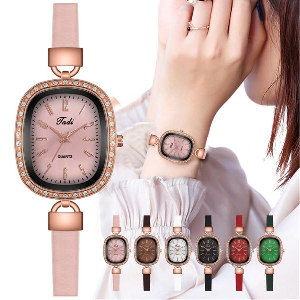 

wristwatches ladies diamond-studded oval compact retro literary digital leather watch fashion rose gold romantic luxury bracelet, Slivery;brown