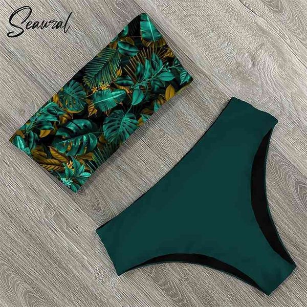 Sexy baixo hight biquíni conjunto swimwear mulheres bandeau fêmea impressão floral swimsuit banho terno de banho praia desgaste biquini 210630