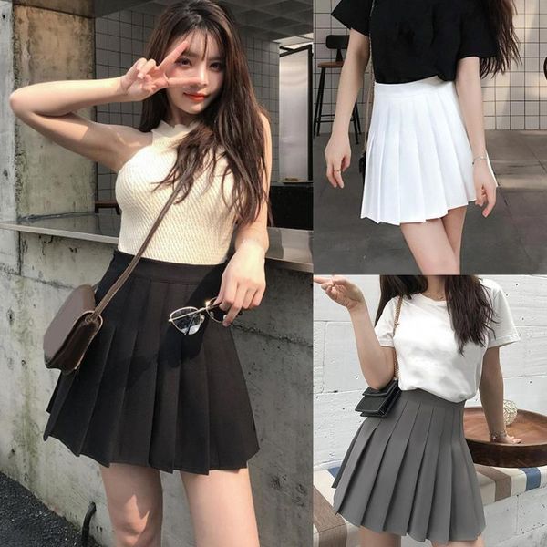 

skirts casual women solid color high waist flared pleated a line mini skater skirt black white fashion female short