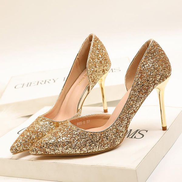 

dress shoes european and american wind night shop women's stiletto high-heeled shallow mouth pointed side hollow sequined single, Black