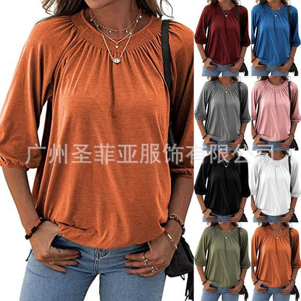 

loose 2021 women's solid casual bubble sleeve pullover crew neck t-shirt, White