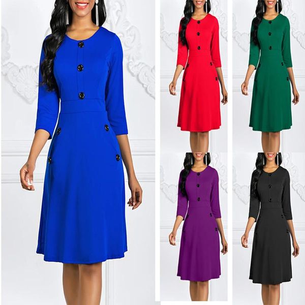 

casual dresses 2021 plus size women's clothing autumn winter solid color dress round neck three-quarter sleeves buttoned waist a-line s, Black;gray