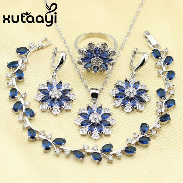 

earrings & necklace classy blue cubic zirconia white stones four piece women jewelry set silver color ring size 6/7/8/9/10 wedding