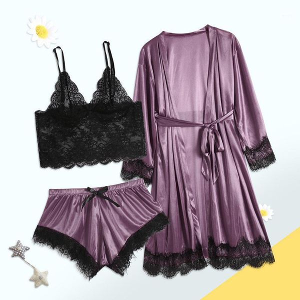 Damen-Nachtwäsche, lässig, 3-teilige Bademäntel, Damen-Pyjama-Set aus Satin, Spitze, Patchwork, Hochzeitskleid, Sommer, Sling-Weste, Langarm-Bademantel, Loungewea