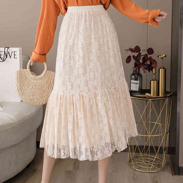 

casual dresses lace skirts womens fashion elegant elastic high waist patchwork ladies skirt spring both sides wear wild midi femal, Black;gray