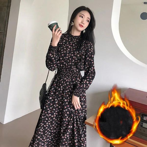 

casual dresses korean fashion aline floral dress women 2021 winter warm add velvet ladies elegant printing plus size female, Black;gray