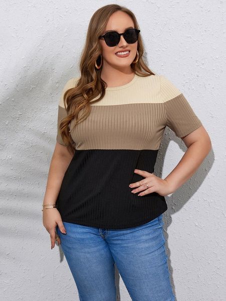 

plus color block ribbed knit tee f03m#, Black
