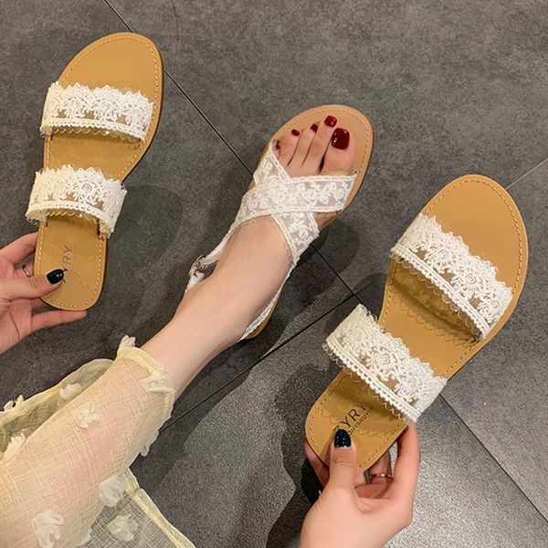 

two style net celebrity embroider lace band slingback women sandals beach shoes slippers fairy slip on flat sandalias 2021, Black