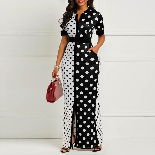 

fashion autumn vintage polka dot women dresses print bodycon summer short sleeve plus size long maxi vestidos, Black;gray