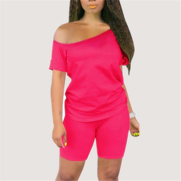 

women casual fashion set off shoulder solid tee with shorts elastic african female t shirt two pieces suit 210416, Blue