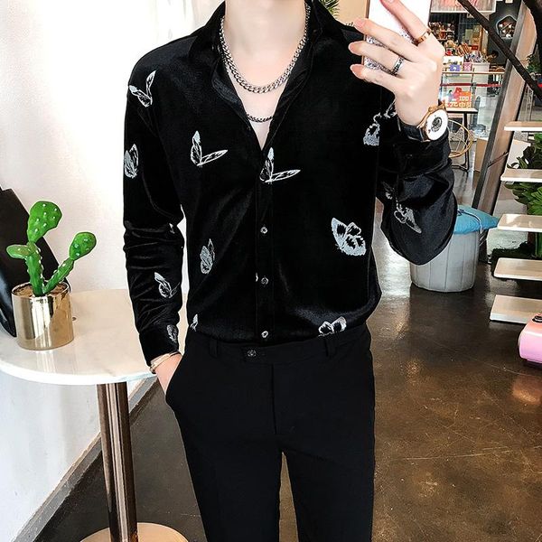 

men's casual shirts butterfly reflection retro vintage black velvet for mens elegant winter velour gentleman club party dress loose, White;black