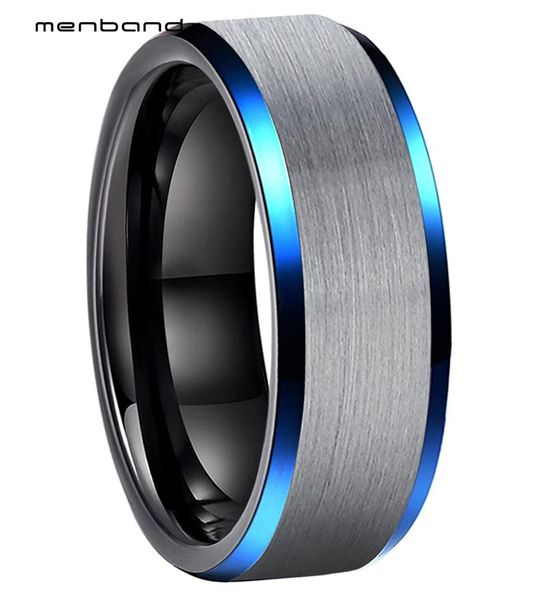 

wedding rings black men ring blue tungsten with beveled brushed finish 8mm box available, Slivery;golden