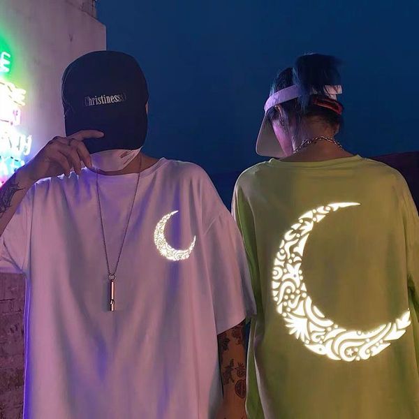 

women's t-shirt summer hong kong style ins retro super fire reflective moon print loose short-sleeved men women couples trendy clothes, White