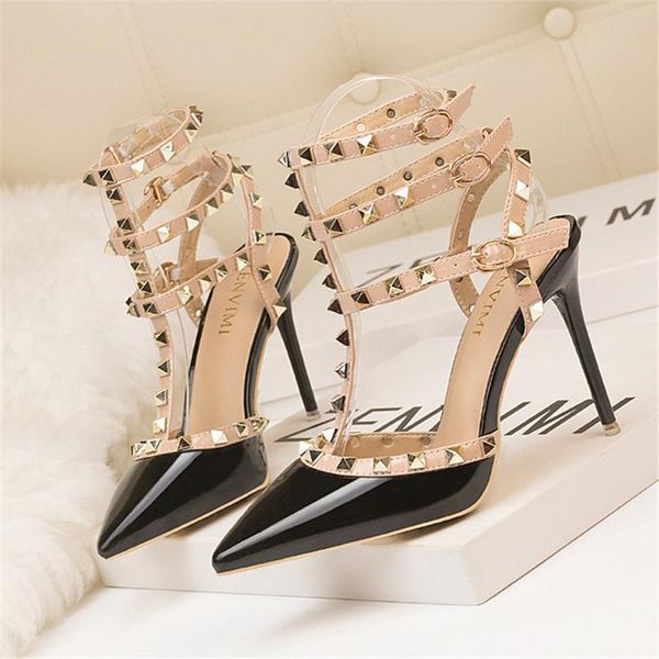 

sandals women's shoes summer european and american style nightclub stiletto patent leather metal rivet hollow roman, Black