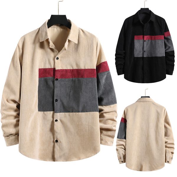 

Men' Fashion Shirts Autumn Casual Corduroy Color Matching Long Sleeve Lapel Ds05, Black