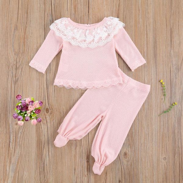 

baby & children's 0-6m born girls lace clothing set long sleeve pink + footies pants outfits sets, White