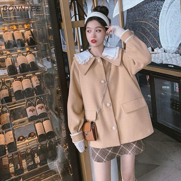 

women's wool & blends women khaki coat lace patchwork sweet teens college bf fashion classy artistic autumn mujer style kawaii, Black