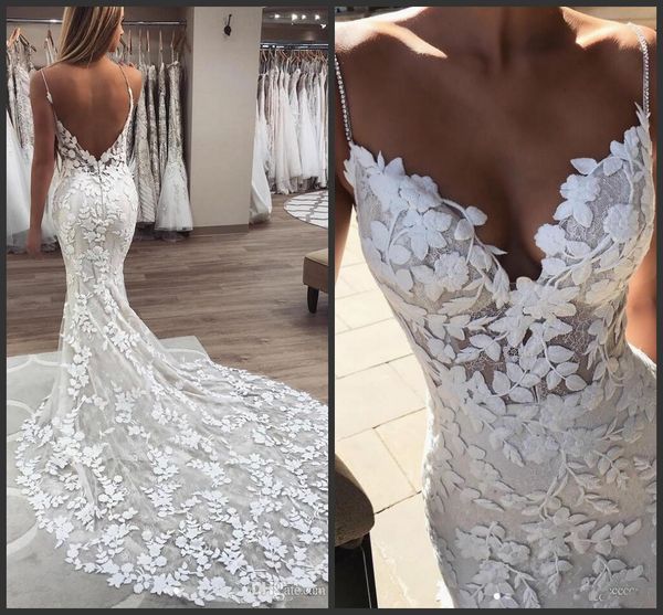 

beads pearls spaghetti strap lace gowns mermaid wedding dresses 2021 gorgeous 3d-floral appliques boho bridal gown low back robe de mariee, White