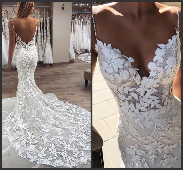 Perline Perle Abiti in pizzo con cinturino per spaghetti Abiti da sposa a sirena 2021 Splendidi applicazioni floreali 3D Abito da sposa Boho con schienale basso Robe De Mariee