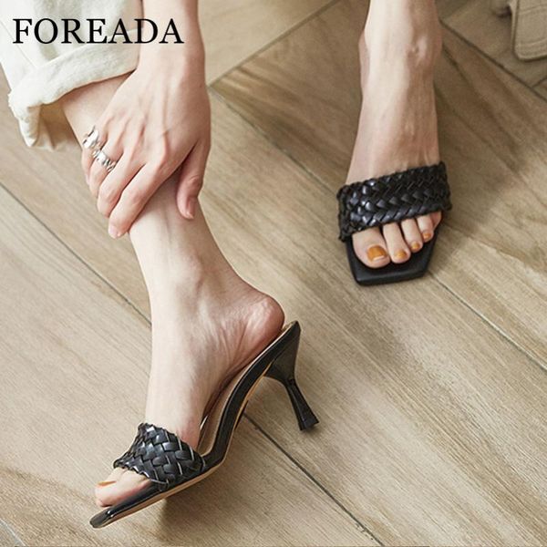 

slippers foreada woman natural genuine leather high heels thin heel slides square toe shoes shallow ladies sandals black size 40