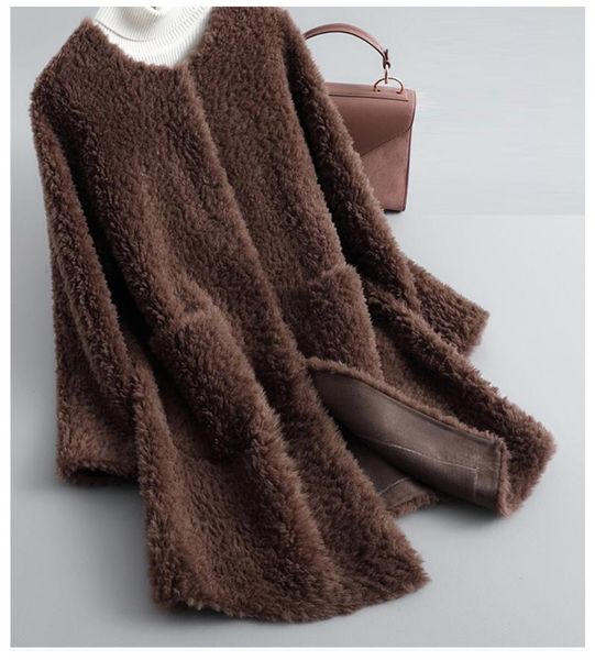 Cappotto in pelle di montone shearling misto lana da donna Capispalla in pelliccia da donna Giacca lunga Cappotto caldo stile strada sciolto Autunno Inverno