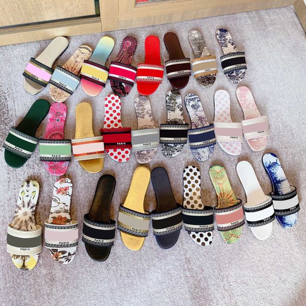 

paris fashion womens slippers sandals scuffs shoes ladies flip flops knitted embroidery slide summer beach slided girls flat slipper box, Black